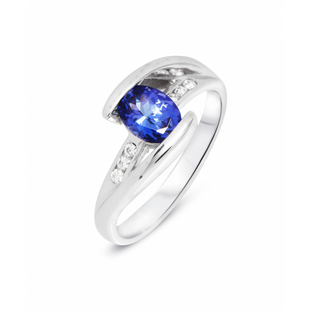 Bague Or Blanc Tanzanite Ovale 7x5mm et Diamant Ref. 32207