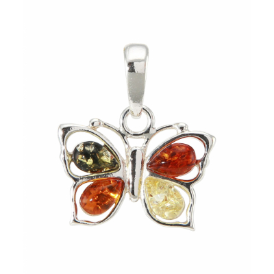 Pendentif Papillon En Argent Et Ambre Multicolore Ref