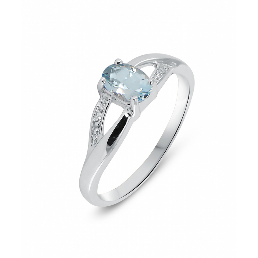 Bague Or Blanc 375 Aigue Marine Ovale Et Diamant Ref 34821