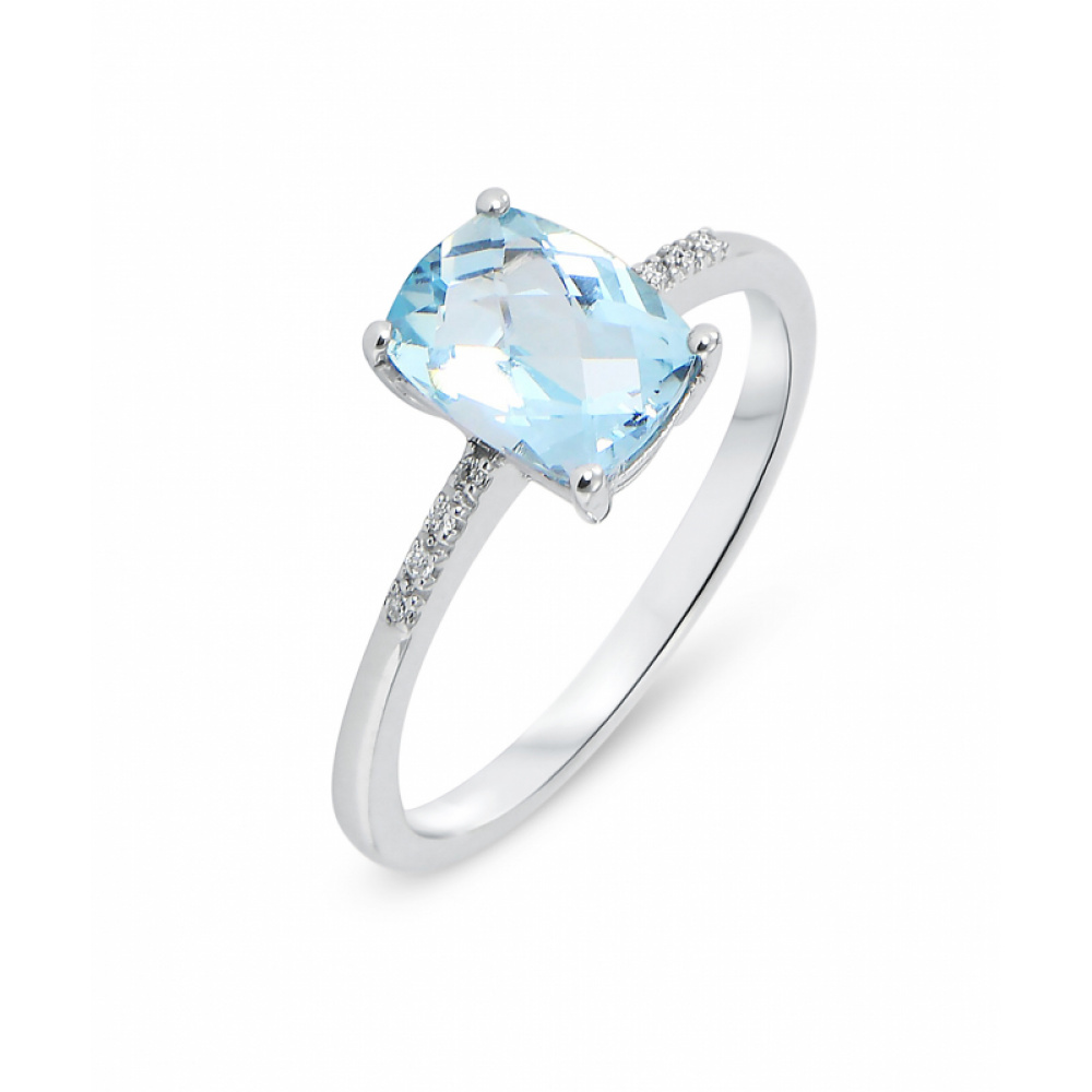 Bague Or Blanc 750 Topaze Bleue Coussin 8x6mm Et Diamant Ref 42576