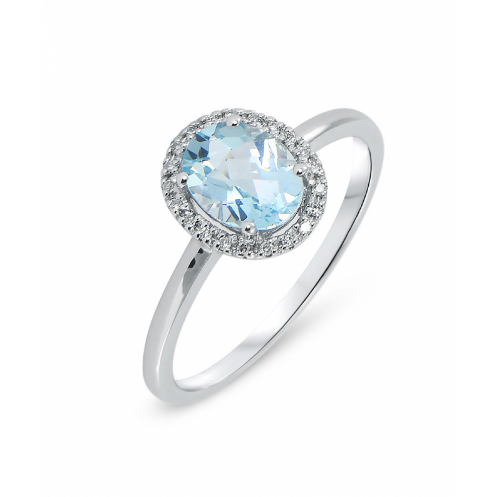 Bague Or Blanc Topaze Bleue Ovale X Mm Et Diamant Ref