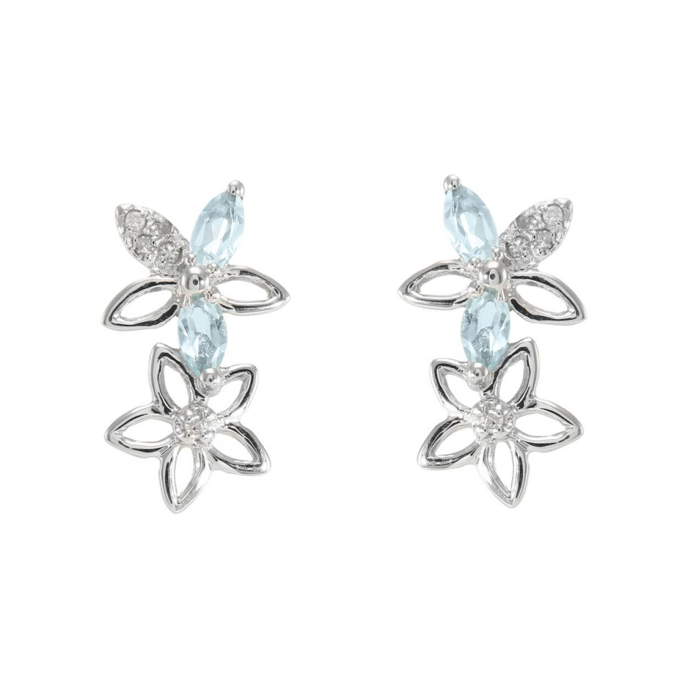 Boucles D Oreilles Pendantes Fleurs Or Blanc Topaze Bleue Trait E