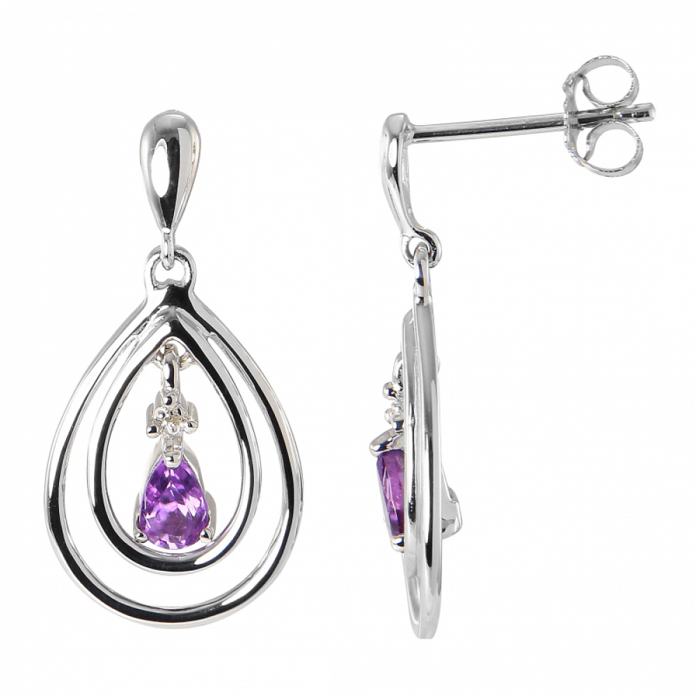 Boucles d oreilles Pendantes Or blanc 375 Améthyste et Diamant Ref 46160