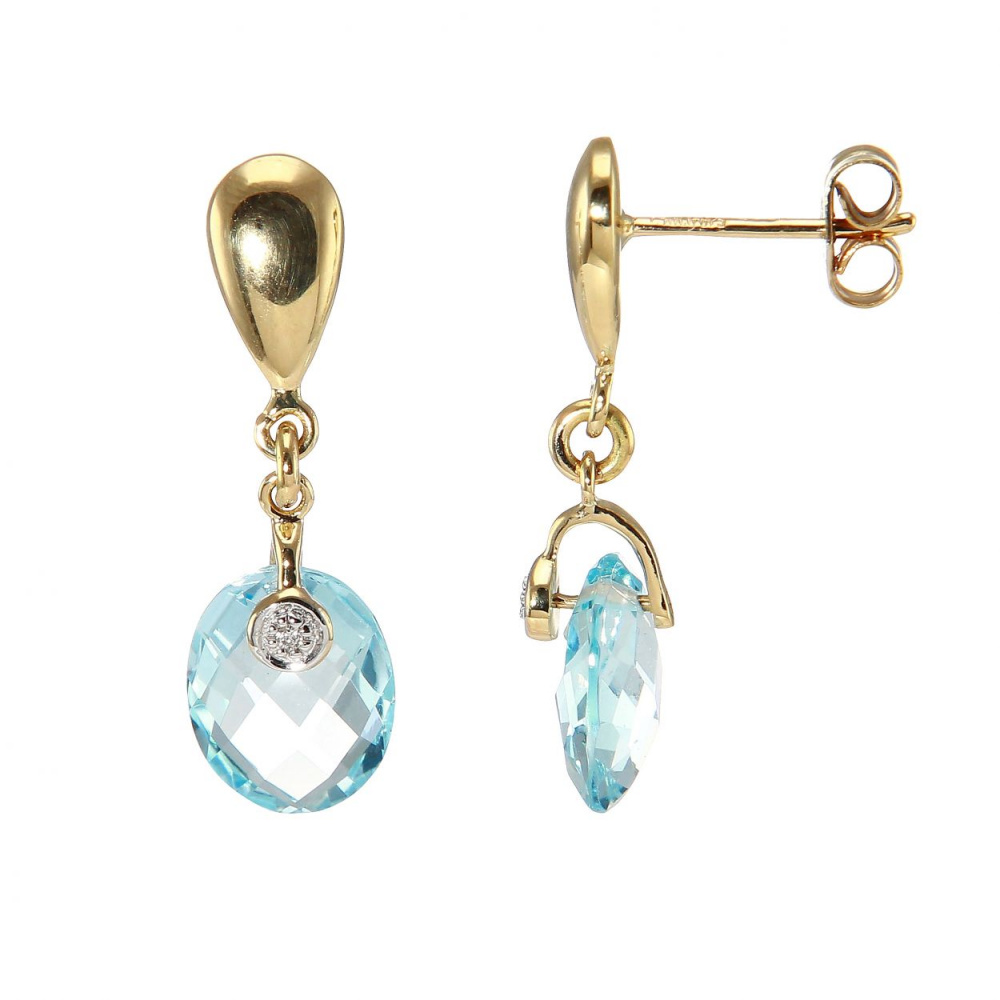 Boucles d oreilles pendantes Topaze Bleue Traitée et Diamant en Or