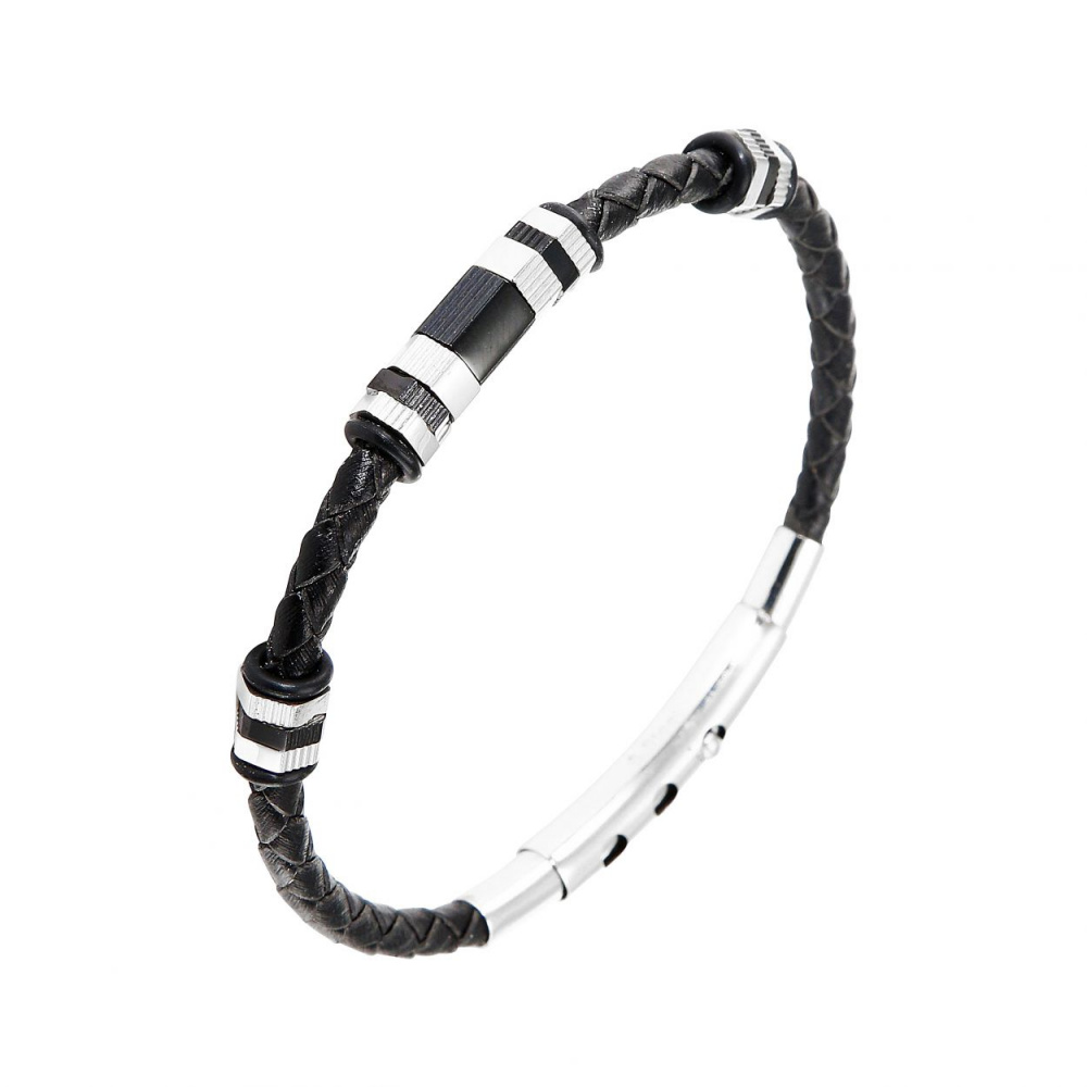 Bracelet homme cuir noir acier et caoutchouc 0 4x22cm Ref. 47392