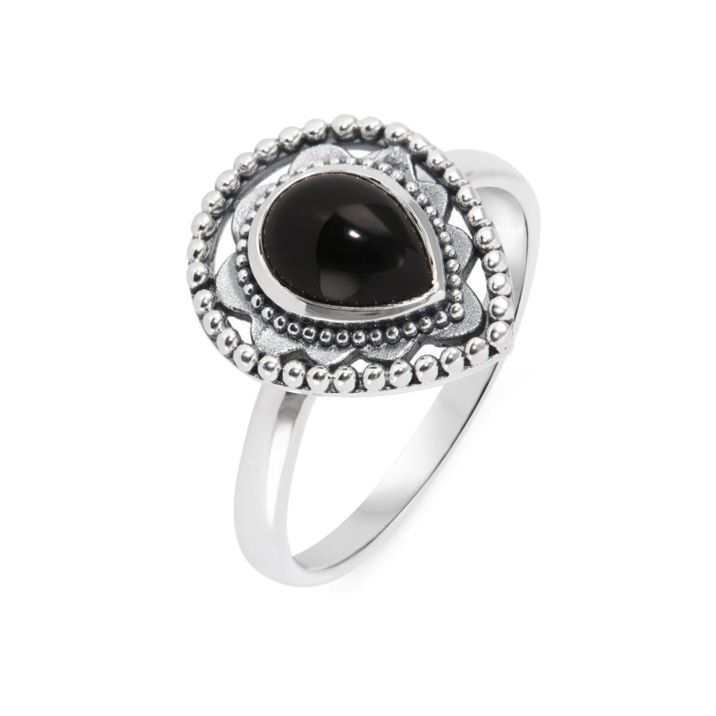 Bague Bohème Argent 925 Onyx Poire 8x6mm