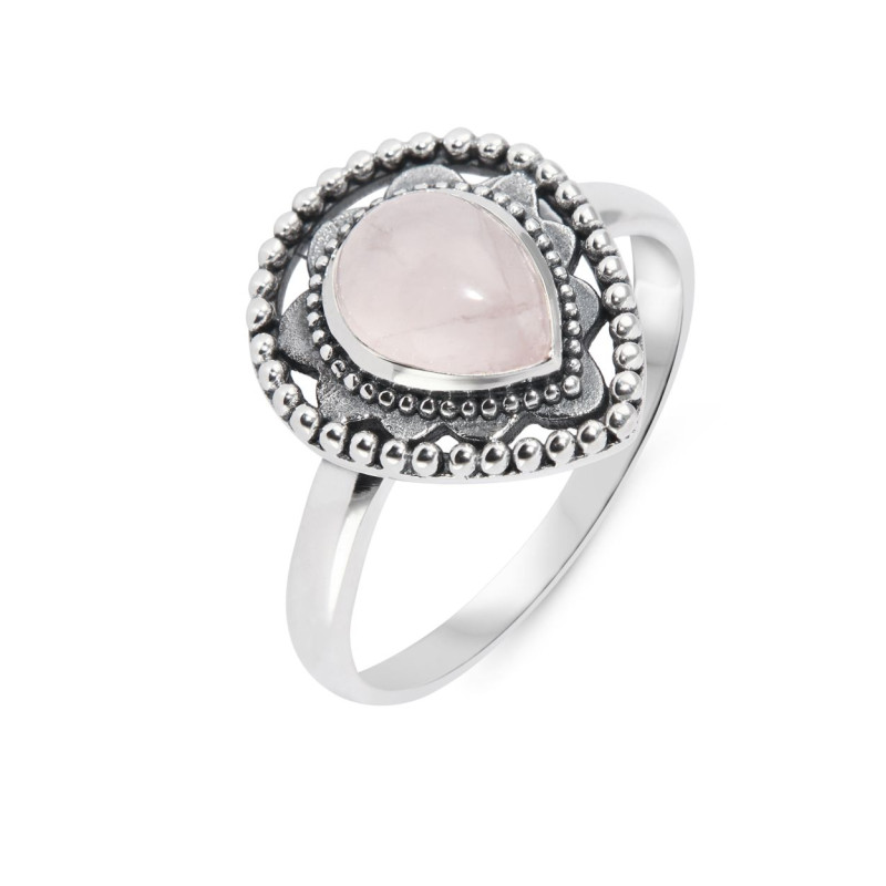 Bague Bohème Argent 925 Quartz Rose Poire 8x6mm