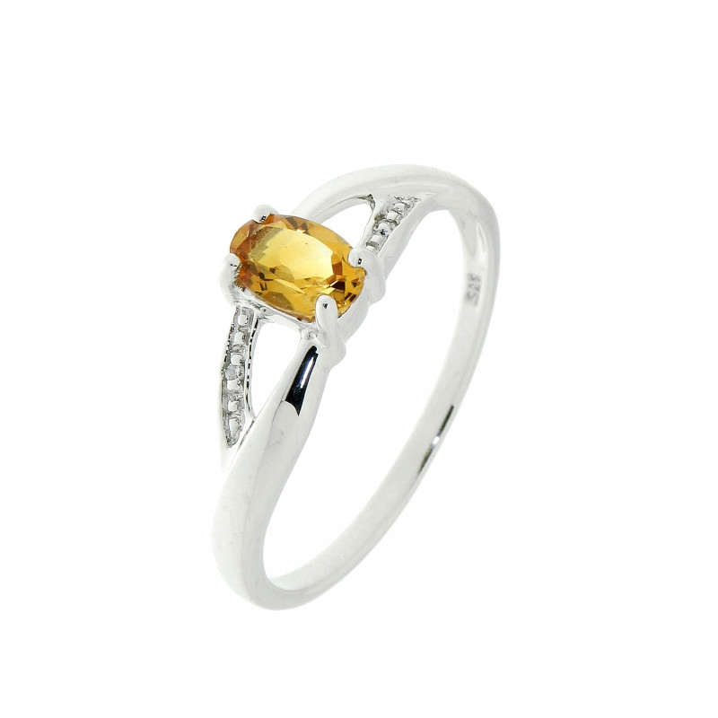 Bague Citrine Ovale 6x4mm et Diamant en Or Blanc 375