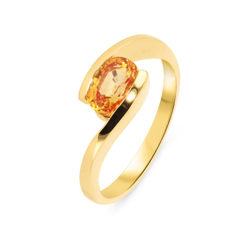 Bague en Or Jaune 750  Saphir Orange Traité Ovale 8x6mm