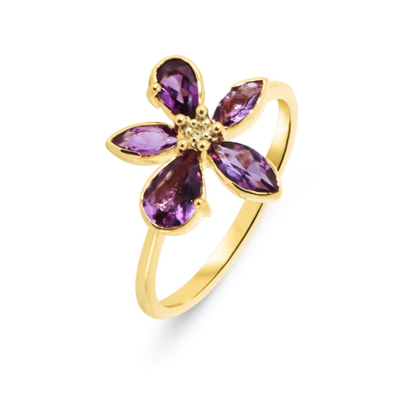 Bague Fleur Or Jaune 375 Améthyste et Diamant