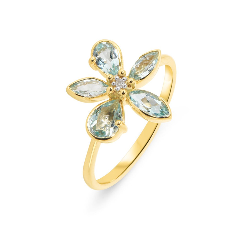 Bague Fleur Or Jaune 375 Topaze bleue traitée et Diamant