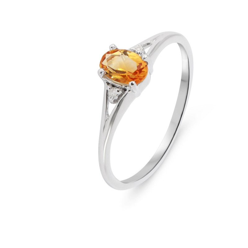 Bague Or Blanc 375 Citrine Ovale 6x4mm et diamant