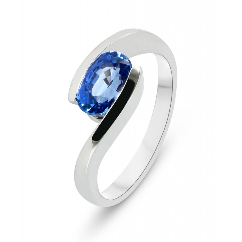 Bague Or Blanc 750 Saphir Ceylan AAA Ovale 8x6mm