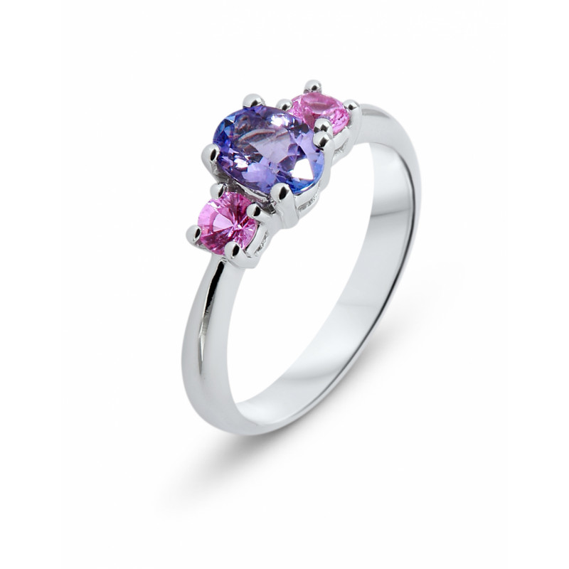 Bague Or blanc 750 Tanzanite AAA et Saphir Rose