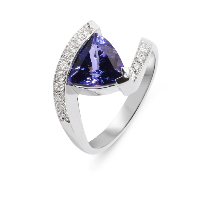 Bague Or Blanc 750 Tanzanite AAA Trillion 8.5mm et Diamants