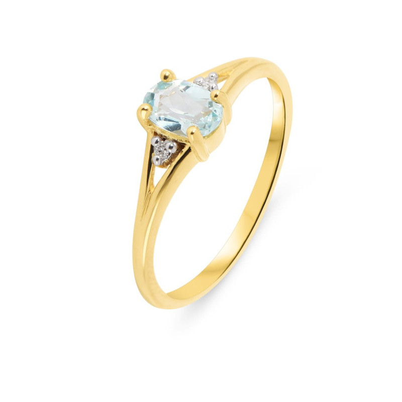 Bague Or Jaune 375 Topaze bleue traitée Ovale 6x4mm et diamant