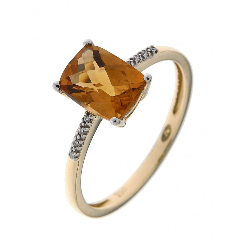 Bague Or Jaune 750 Citrine Coussin 8x6mm et Diamant