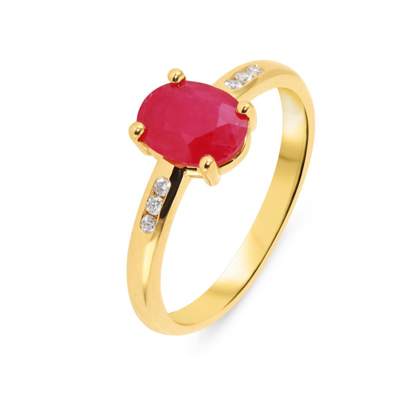 Bague Or Jaune 750 Rubis Ovale 9x7mm et diamants