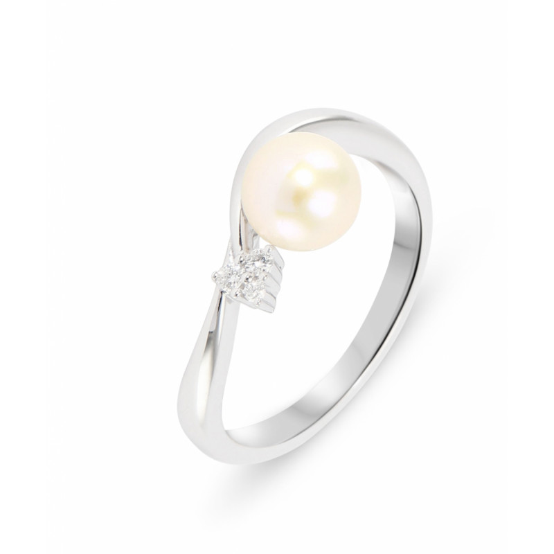 Bague Perle  de culture 6.5mm et Diamants en Or Blanc