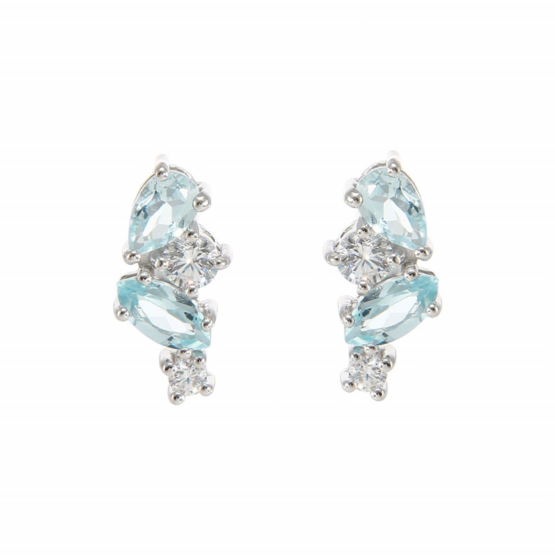 Boucles d'oreilles Double Duo en Argent 925 Rhodié Topaze bleue traitée et Oxydes