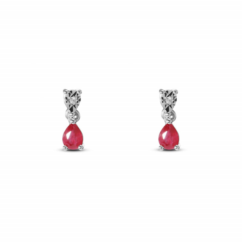 Boucles d'oreilles Or Blanc 750 Rubis Poire 5x3mm et Diamant