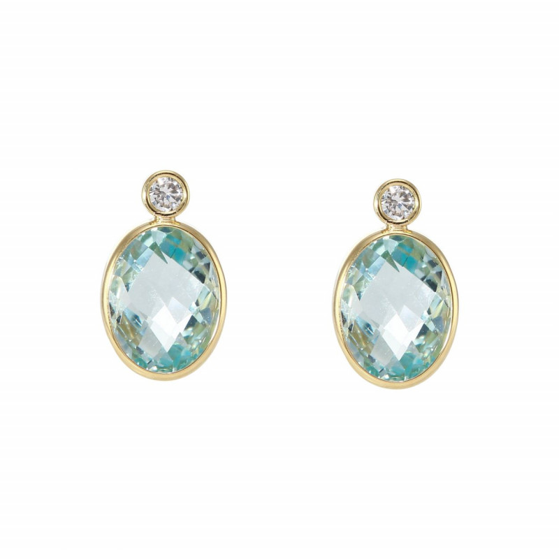 Boucles d'oreilles Or Jaune 750 Topaze bleue traitée Ovale 9x7mm et Oxydes de zirconium