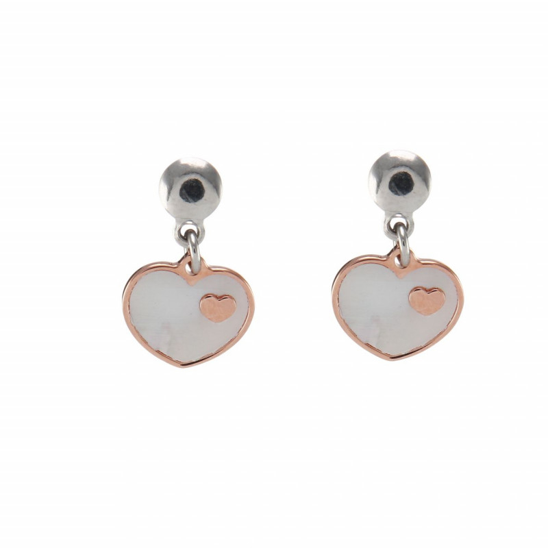 Boucles d'oreilles pendantes Argent Rhodié 2 tons coeur en nacre