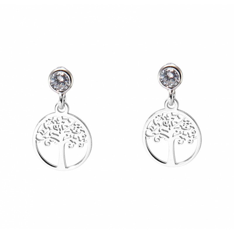 Boucles d'oreilles pendantes argent rhodié arbre de vie et oxyde de zirconium