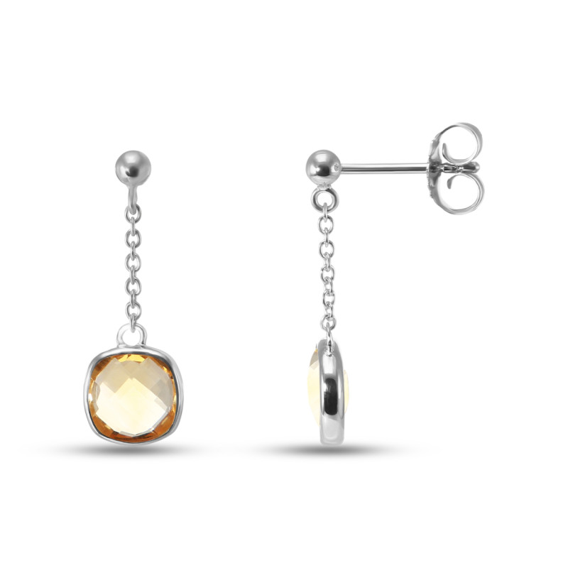 Boucles d'oreilles Pendantes Argent Rhodié Citrine coussin