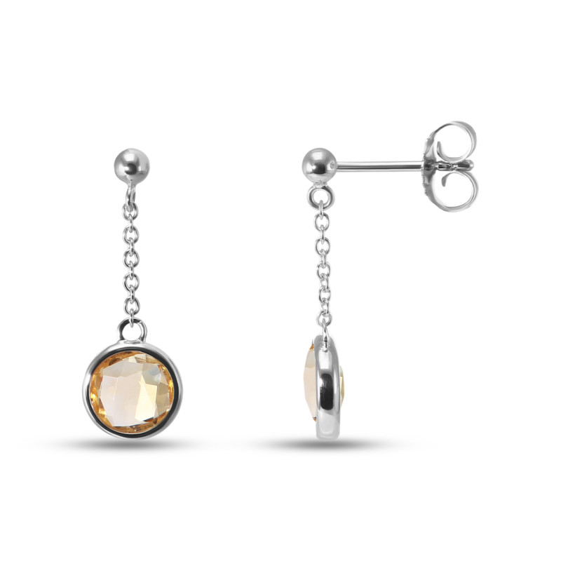 Boucles d'oreilles Pendantes Argent Rhodié  Citrine ronde