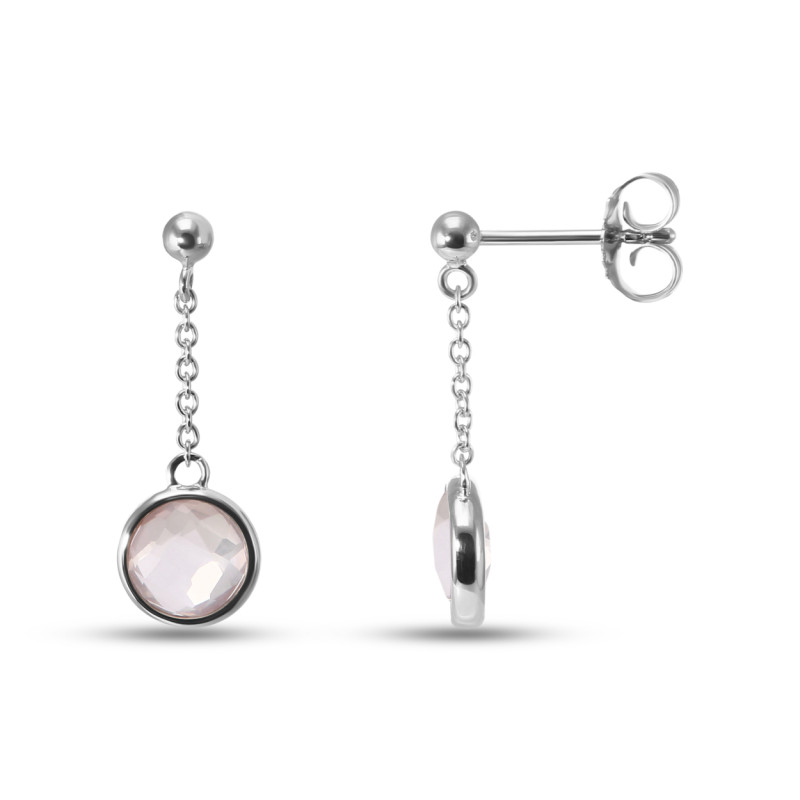 Boucles d'oreilles Pendantes Argent Rhodié  Quartz rose rond