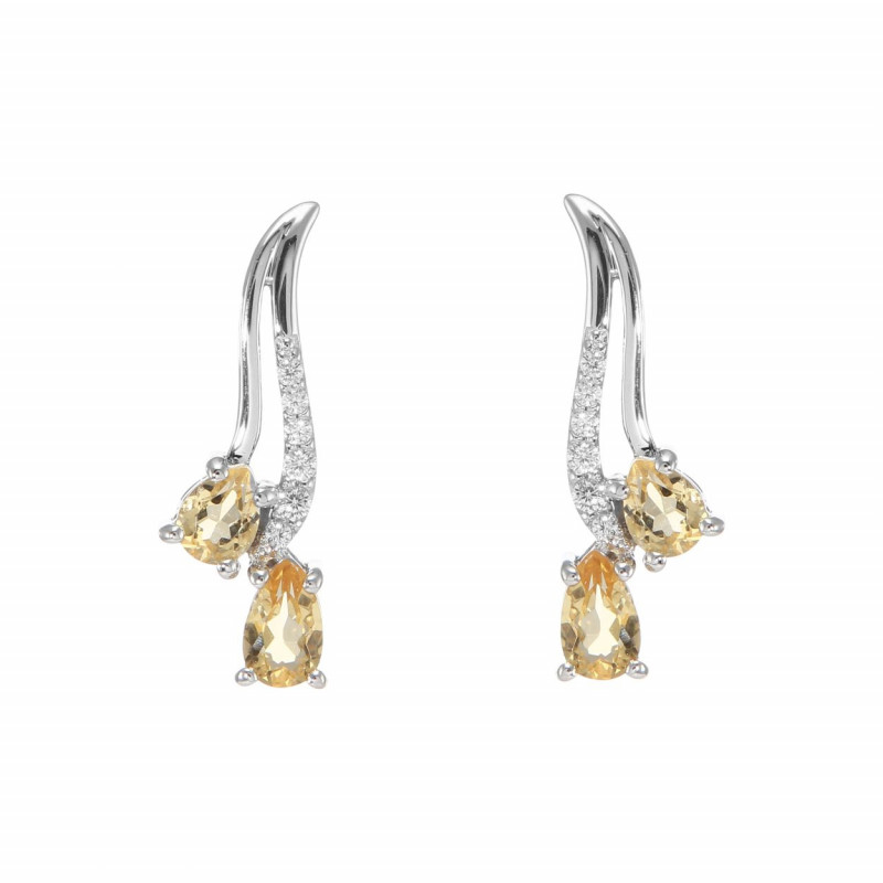 Boucles d'oreilles Pendantes en Argent 925 Rhodié Citrine Poire et Oxyde