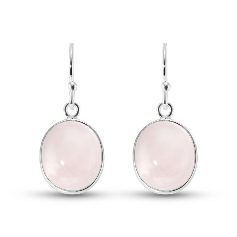 Boucles d'oreilles Pendantes en Argent et Quartz Rose Ovale Cabochon 12x10mm