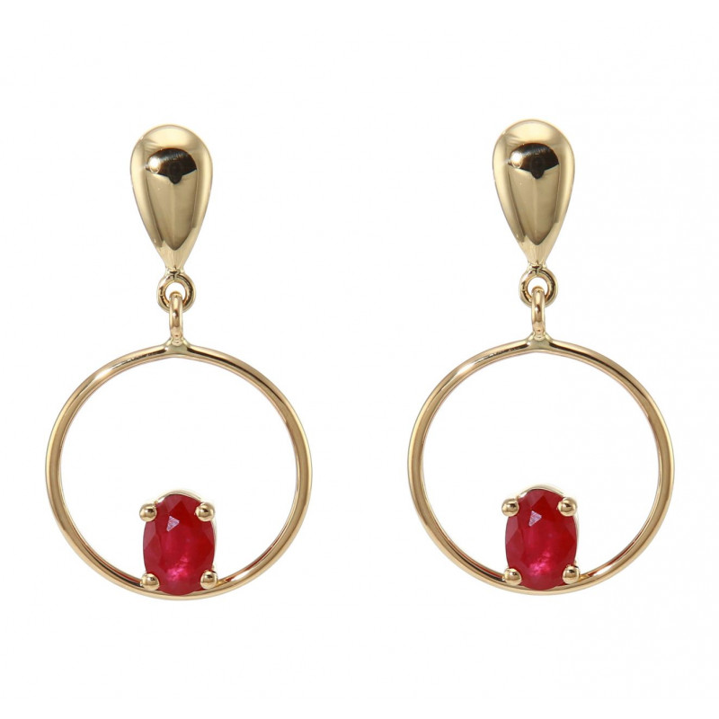 Boucles d'oreilles pendantes en Or Jaune 750 et Rubis AAA ovales 6x4mm