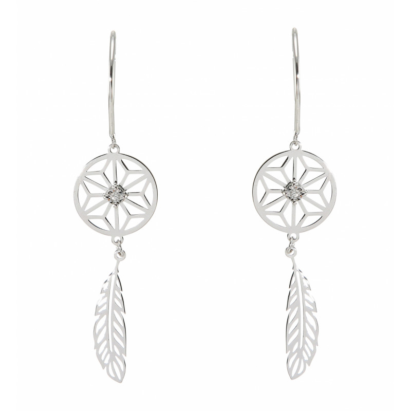 Boucles d'oreilles pendantes Or Blanc 750 attrape rêve et diamant