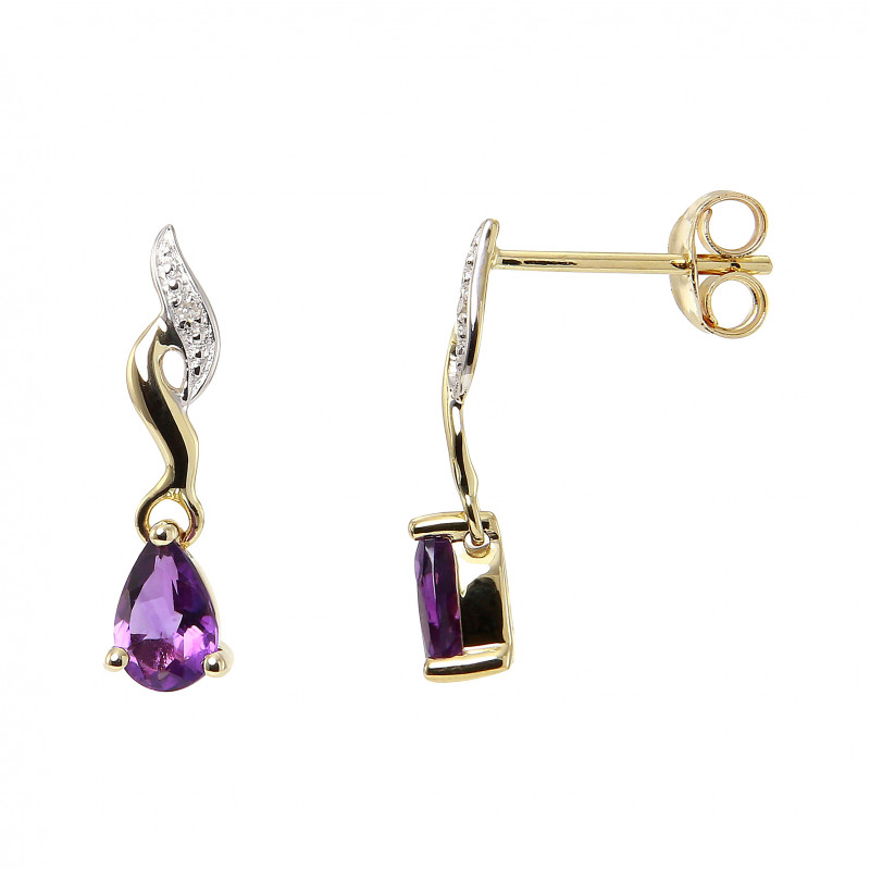 Boucles d'oreilles Pendantes Or jaune 375 Améthyste et Diamant