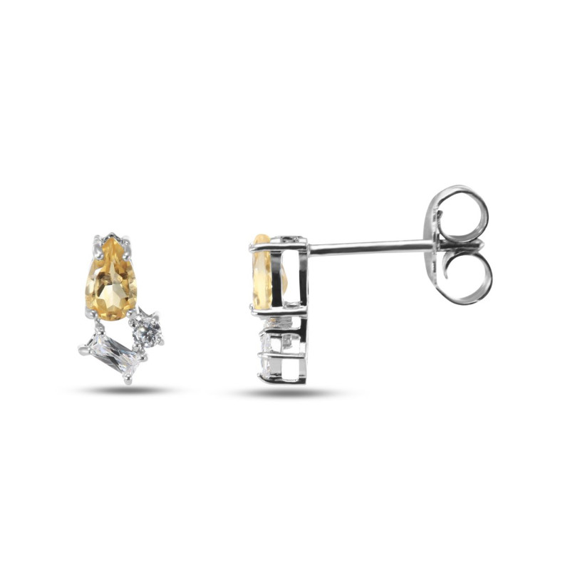 Boucles d'oreilles Puces Argent Rhodié Citrine et Oxydes de zirconium