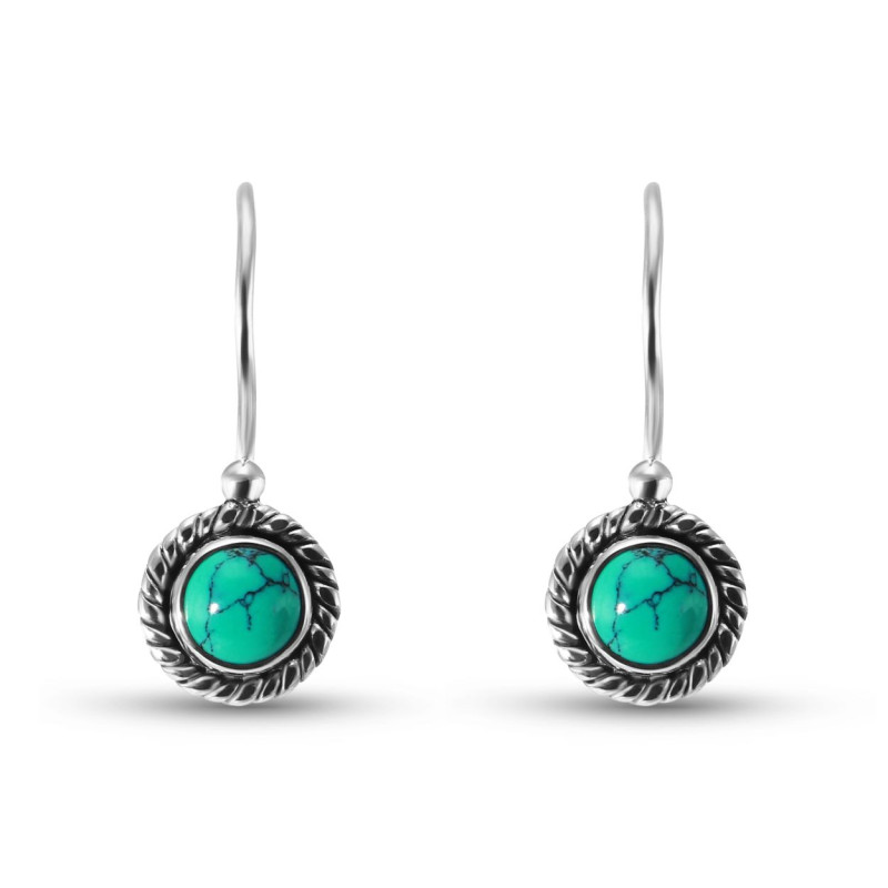 Boucles d'oreilles Vintage Pendantes Argent 925 et Turquoise Reconstituée Ronde 5mm 