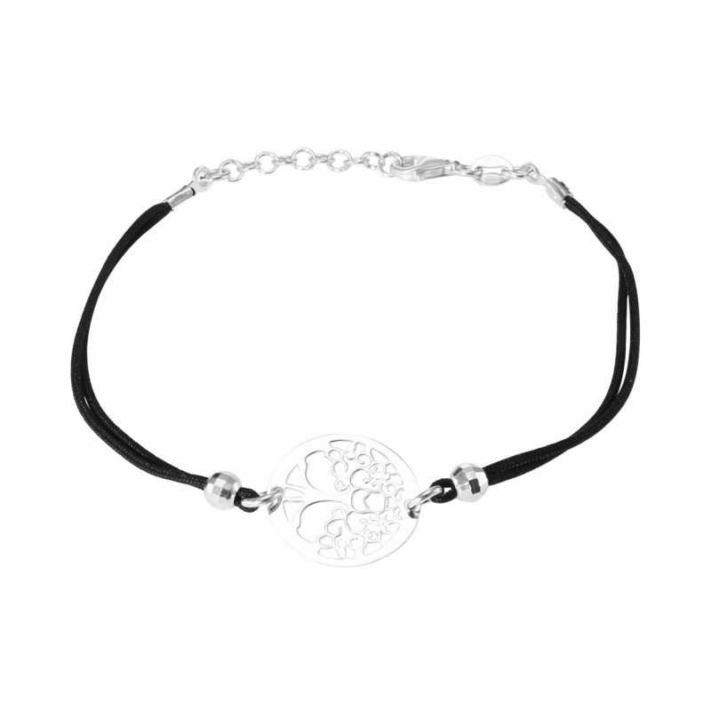 Bracelet Argent Arbre de vie et tissus noir