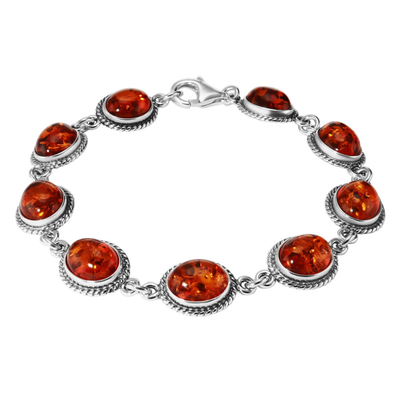 Bracelet en Argent 925 et Ambre Ovale couleur cognac 10mm x 19.5cm