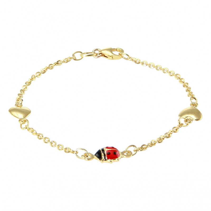 Bracelet enfant or jaune 375 coccinelle et coeurs 6mm x 14cm