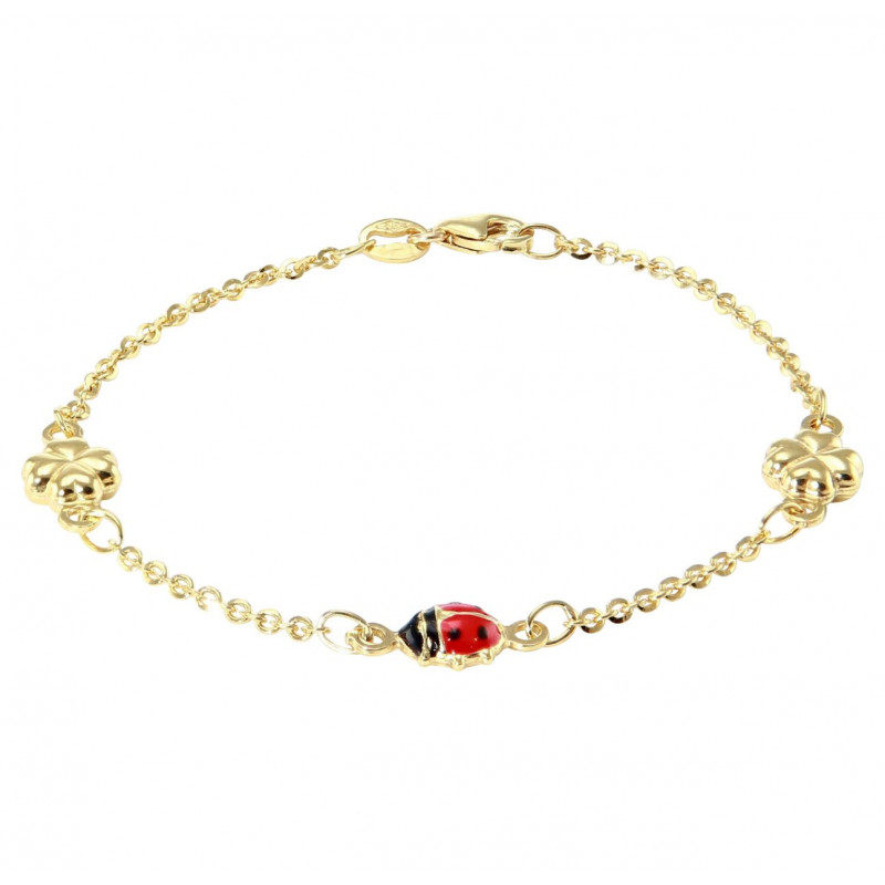 Bracelet enfant or jaune 375 coccinelle et trèfles 6,3mm x 14cm