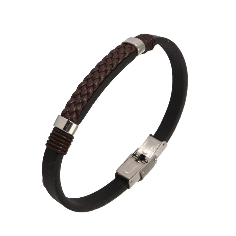 Bracelet Homme Acier Cuir marron et noir