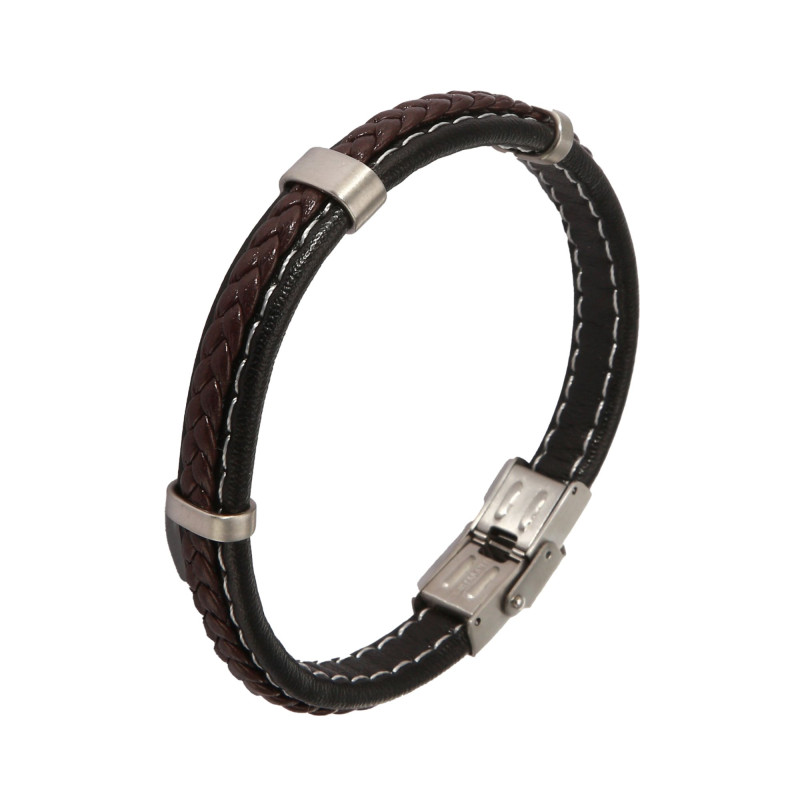 Bracelet Homme Acier Cuir Marron et noir