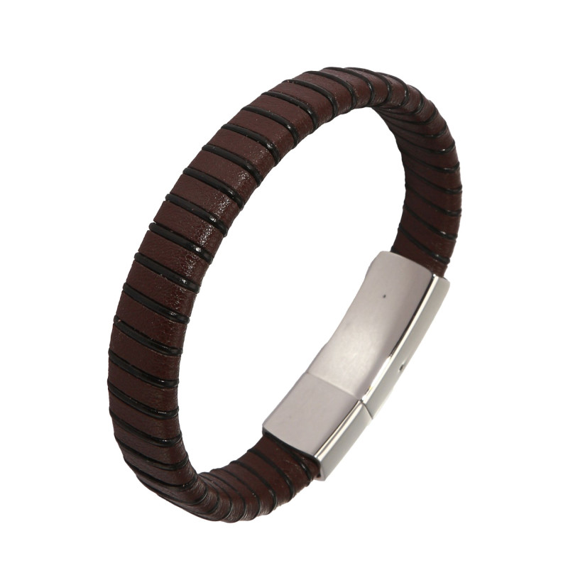 Bracelet Homme Acier Cuir Marron