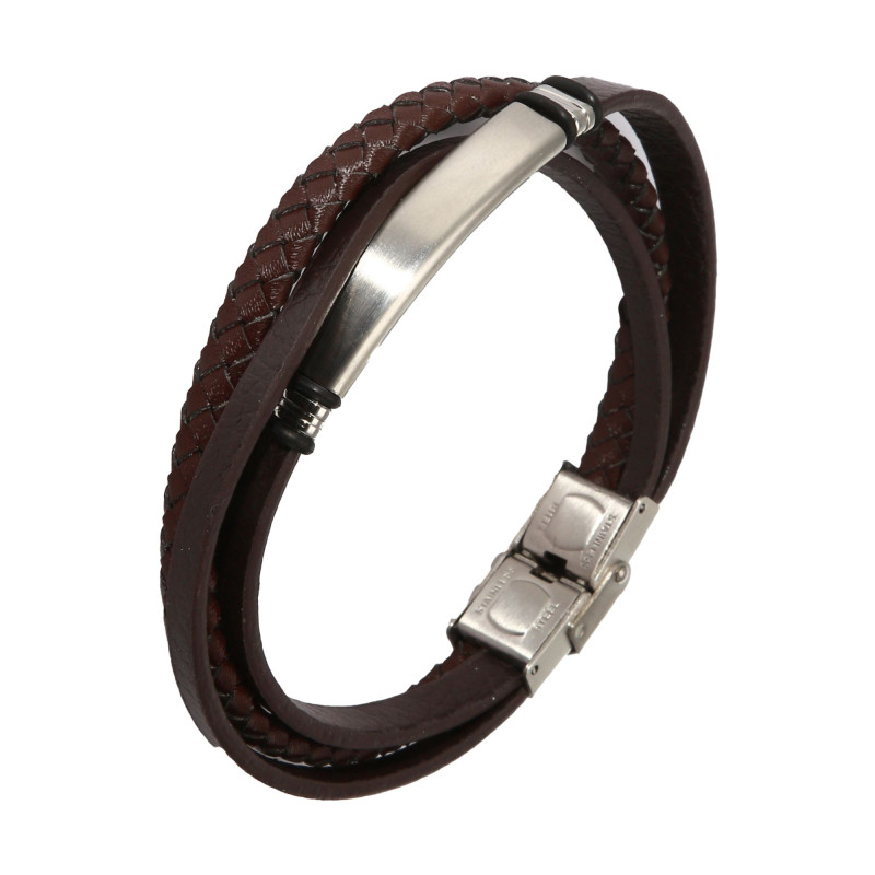 Bracelet Homme Acier et Cuir 3 rangs