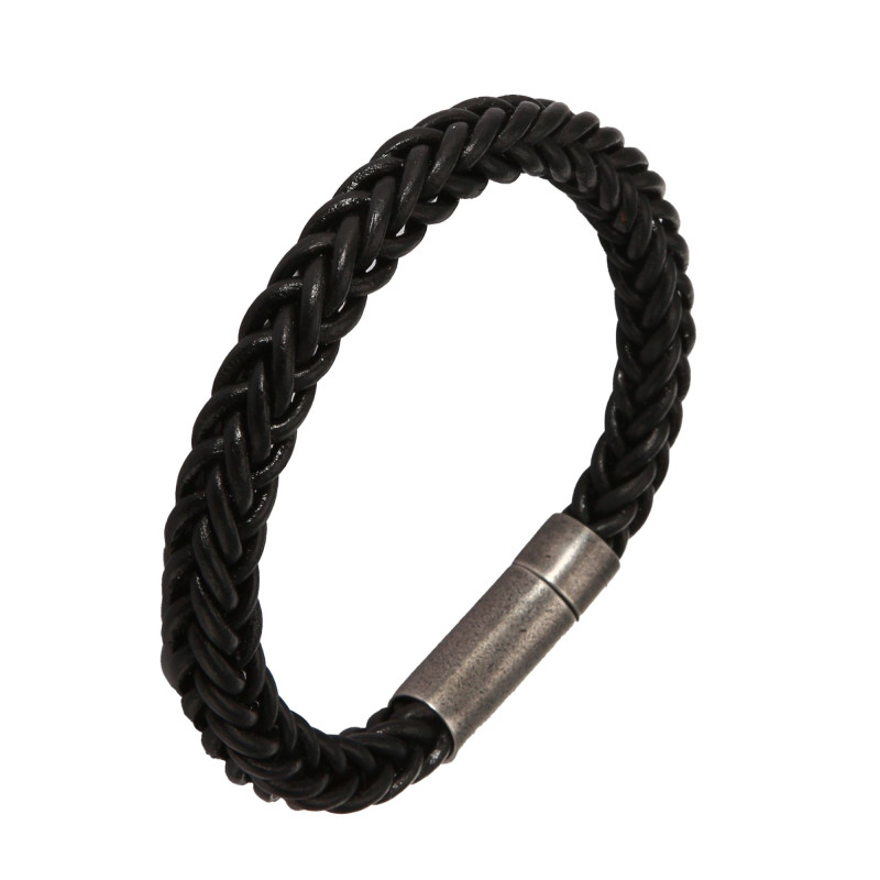 Bracelet Homme Acier et Cuir noir tressé