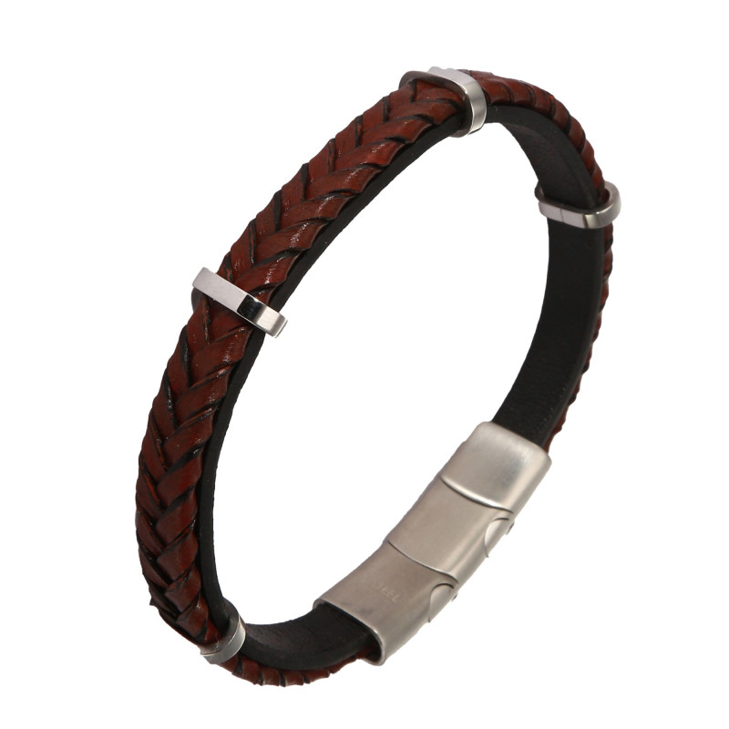 Bracelet Homme Acier et Cuir tressé marron