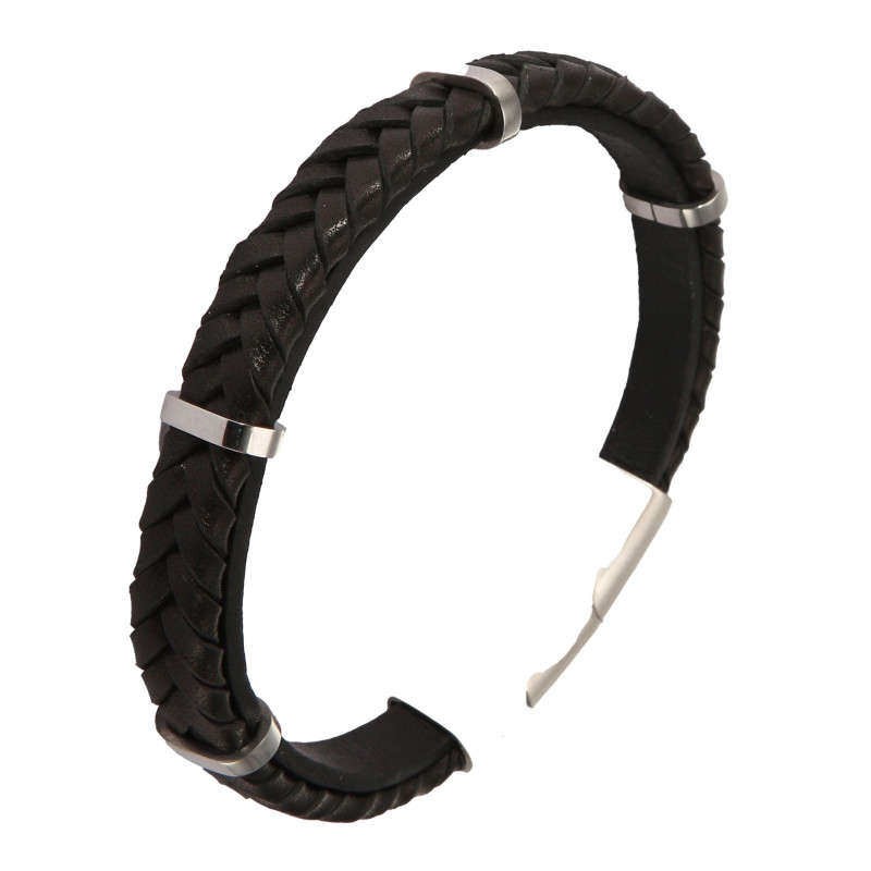 Bracelet Homme Acier et Cuir tressé noir