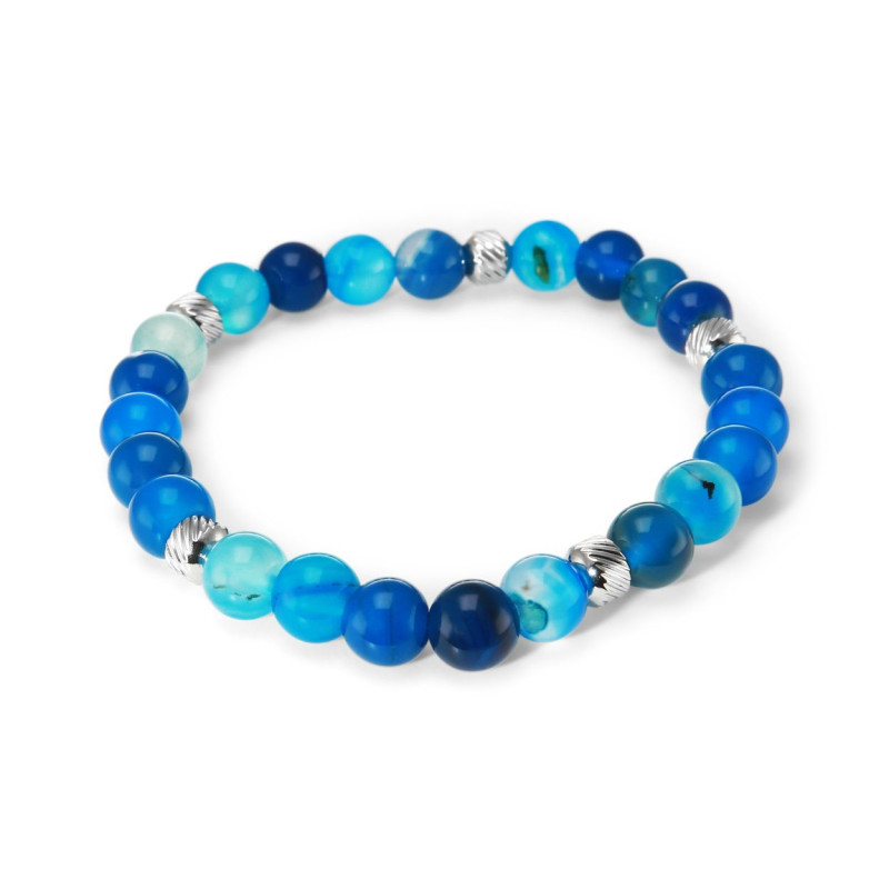 Bracelet Homme Agate Bleue 8mm et billes striées en acier